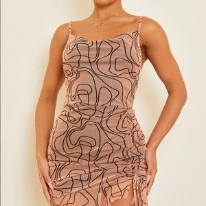 Nude Abstract Line Print Ruched Bodycon Dress